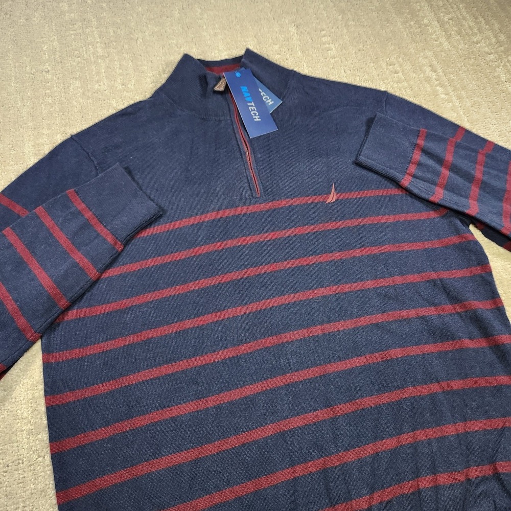 Navtech Nautica Sweater Mens Medium 1/4 Zip Striped Navy Pullover NEW Blue Knit